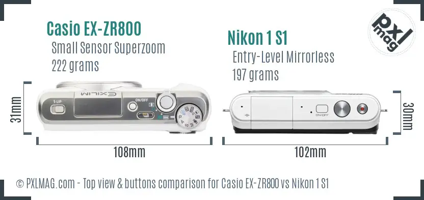 Casio EX-ZR800 vs Nikon 1 S1 top view buttons comparison