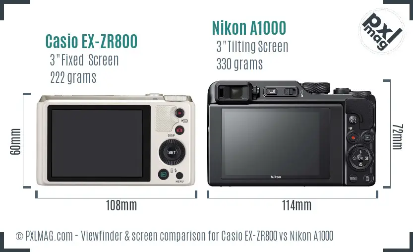 Casio EX-ZR800 vs Nikon A1000 Screen and Viewfinder comparison