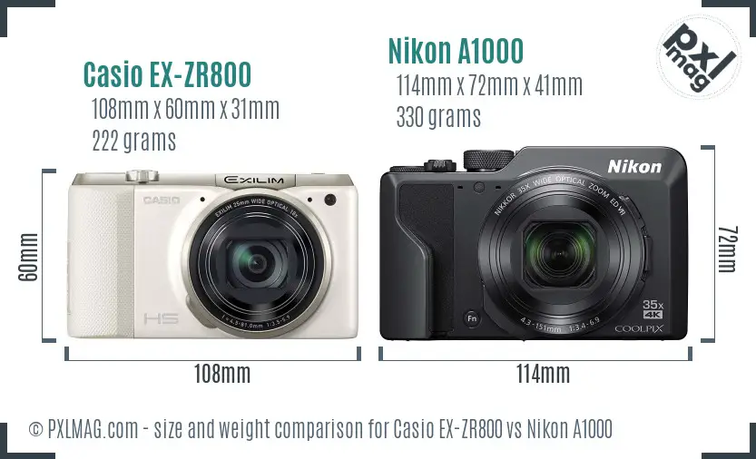 Casio EX-ZR800 vs Nikon A1000 size comparison