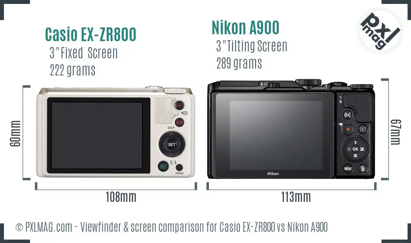 Casio EX-ZR800 vs Nikon A900 Screen and Viewfinder comparison