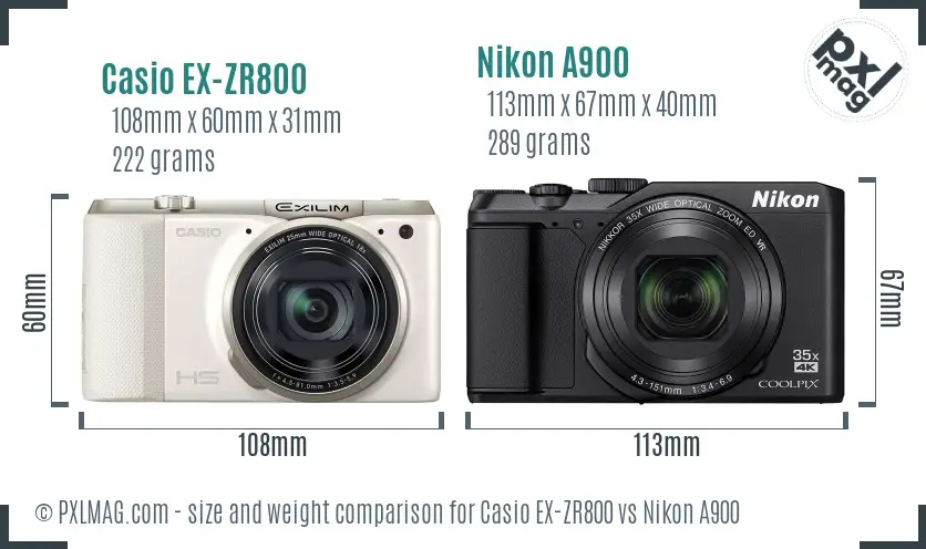 Casio EX-ZR800 vs Nikon A900 size comparison