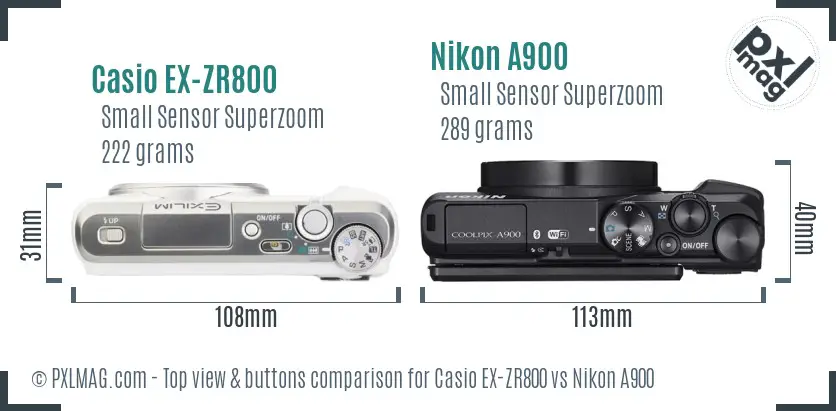 Casio EX-ZR800 vs Nikon A900 top view buttons comparison