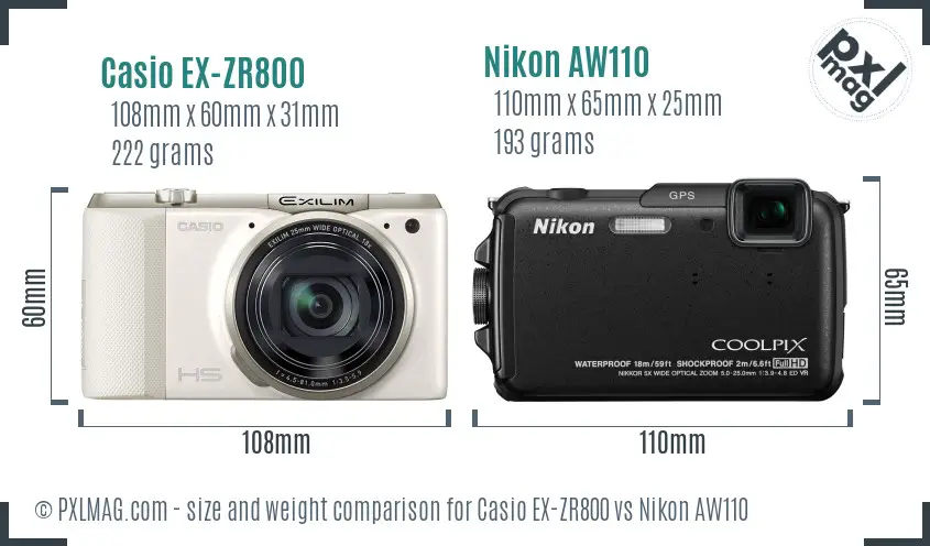 Casio EX-ZR800 vs Nikon AW110 size comparison