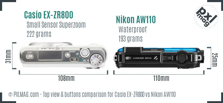 Casio EX-ZR800 vs Nikon AW110 top view buttons comparison