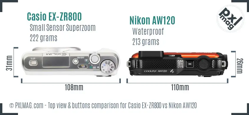 Casio EX-ZR800 vs Nikon AW120 top view buttons comparison