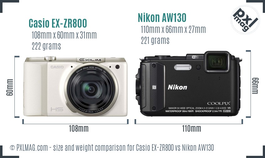 Casio EX-ZR800 vs Nikon AW130 size comparison Casio EX-ZR800 vs Nikon AW130 size comparison