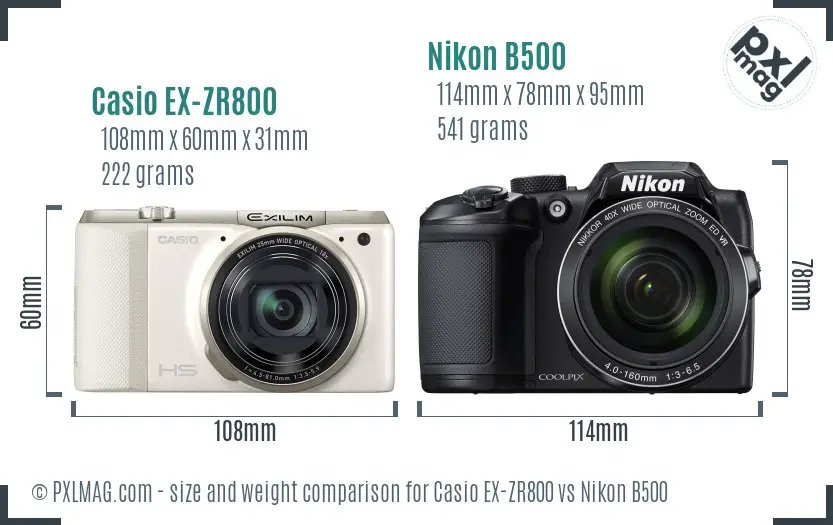 Casio EX-ZR800 vs Nikon B500 size comparison