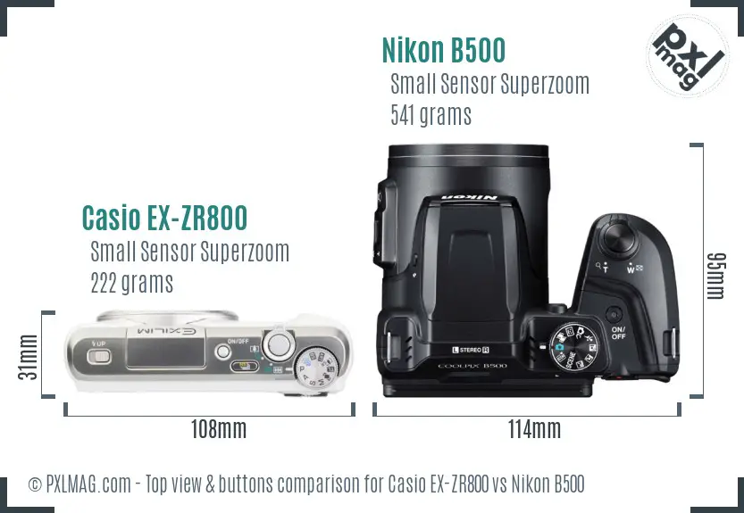 Casio EX-ZR800 vs Nikon B500 top view buttons comparison
