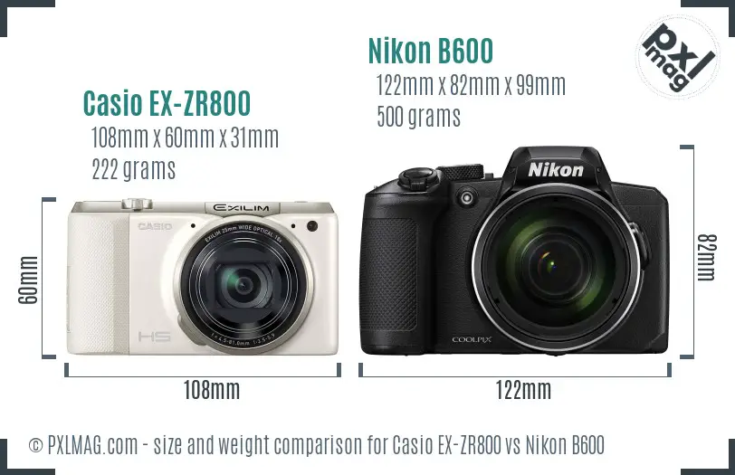Casio EX-ZR800 vs Nikon B600 size comparison