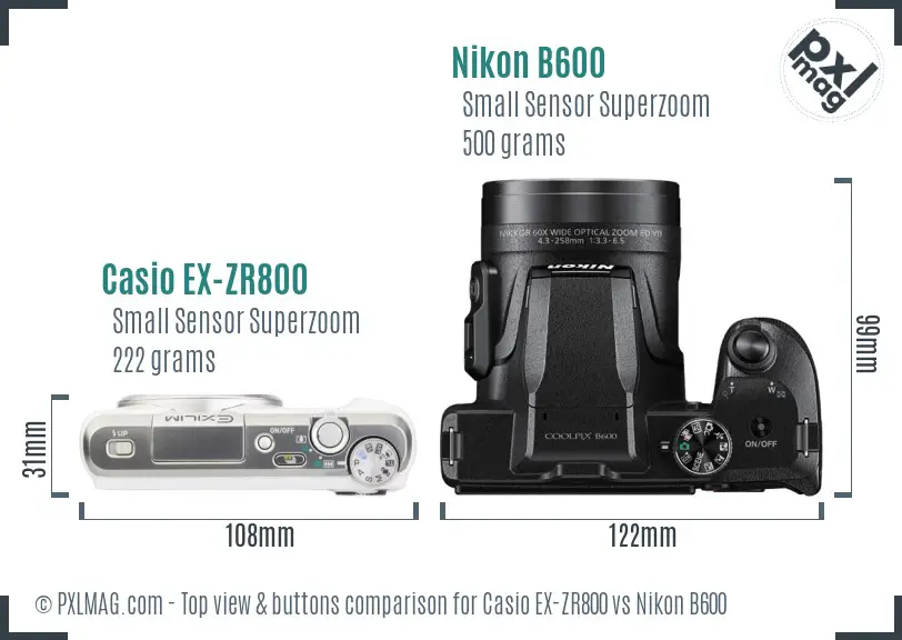 Casio EX-ZR800 vs Nikon B600 top view buttons comparison