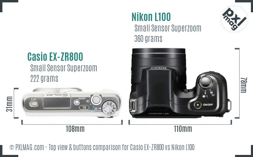 Casio EX-ZR800 vs Nikon L100 top view buttons comparison Casio EX-ZR800 vs Nikon L100 top view buttons comparison