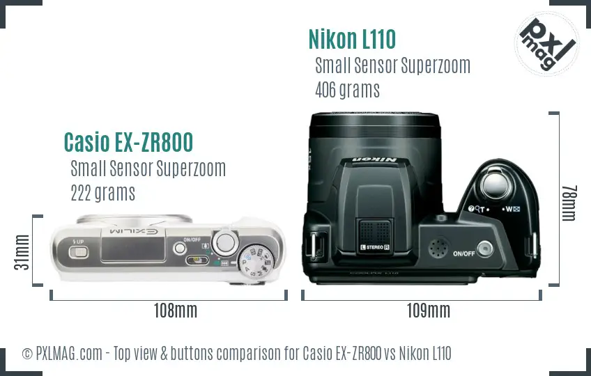 Casio EX-ZR800 vs Nikon L110 top view buttons comparison Casio EX-ZR800 vs Nikon L110 top view buttons comparison