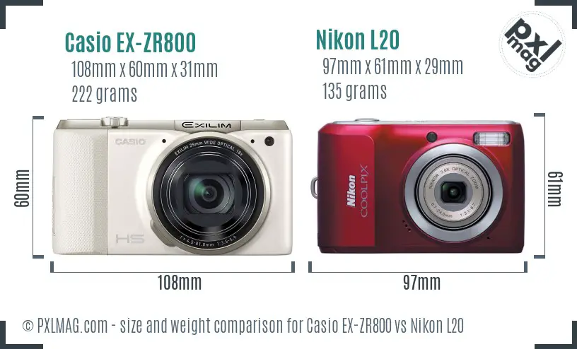 Casio EX-ZR800 vs Nikon L20 size comparison