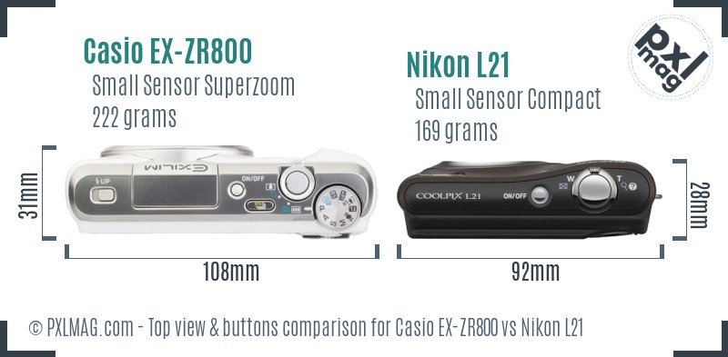 Casio EX-ZR800 vs Nikon L21 top view buttons comparison