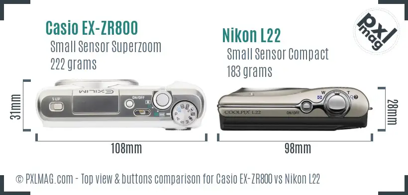 Casio EX-ZR800 vs Nikon L22 top view buttons comparison Casio EX-ZR800 vs Nikon L22 top view buttons comparison