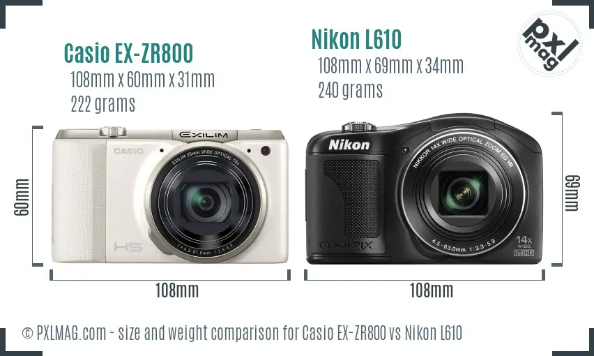 Casio EX-ZR800 vs Nikon L610 size comparison