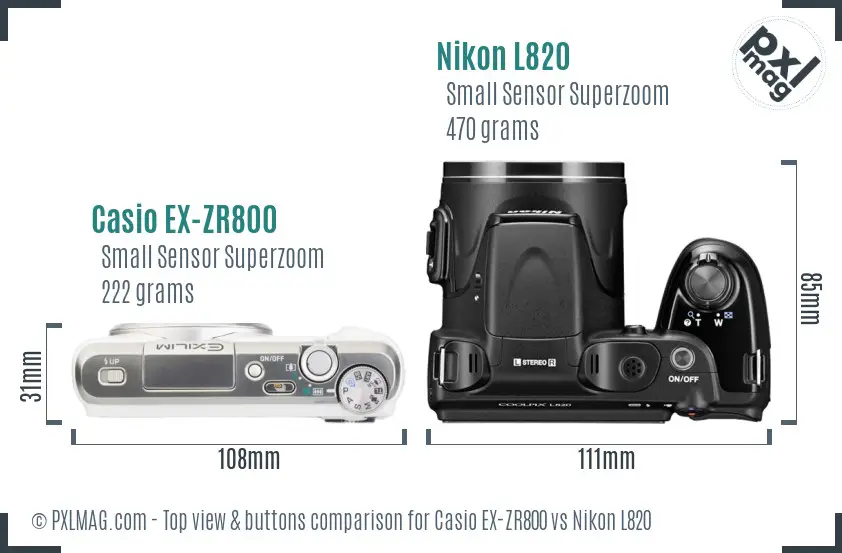 Casio EX-ZR800 vs Nikon L820 top view buttons comparison Casio EX-ZR800 vs Nikon L820 top view buttons comparison