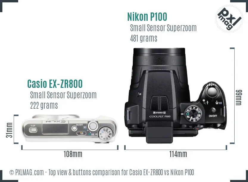 Casio EX-ZR800 vs Nikon P100 top view buttons comparison