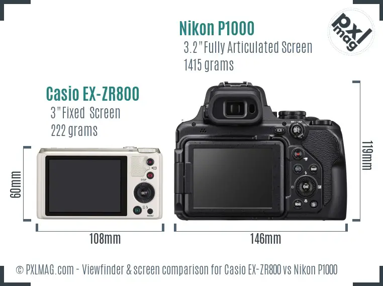 Casio EX-ZR800 vs Nikon P1000 Screen and Viewfinder comparison