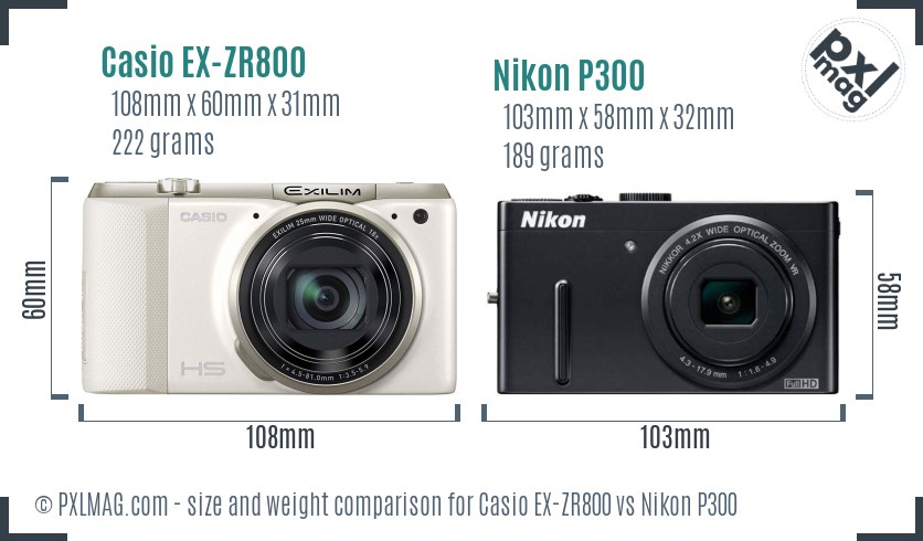 Casio EX-ZR800 vs Nikon P300 size comparison