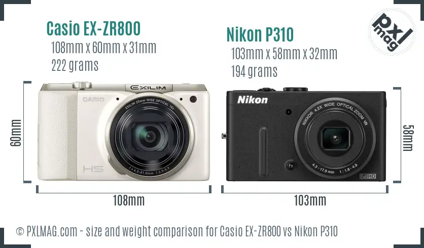 Casio EX-ZR800 vs Nikon P310 size comparison