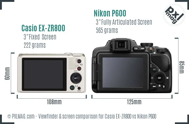 Casio EX-ZR800 vs Nikon P600 Screen and Viewfinder comparison