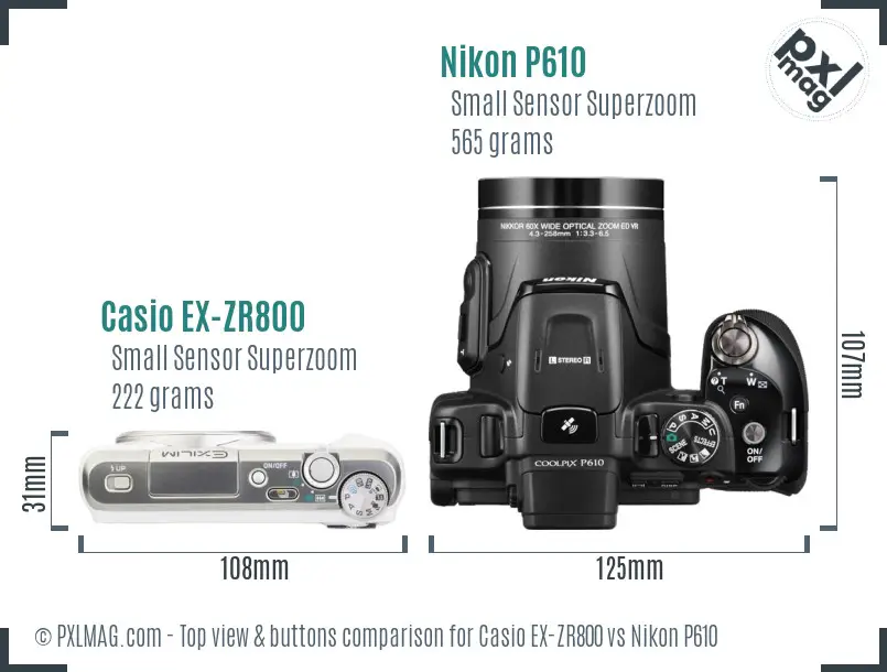 Casio EX-ZR800 vs Nikon P610 top view buttons comparison