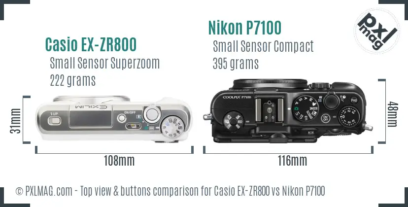 Casio EX-ZR800 vs Nikon P7100 top view buttons comparison Casio EX-ZR800 vs Nikon P7100 top view buttons comparison