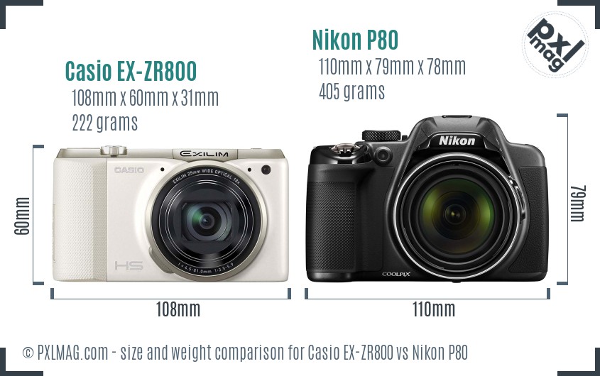 Casio EX-ZR800 vs Nikon P80 size comparison