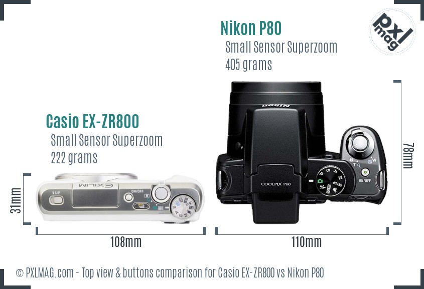 Casio EX-ZR800 vs Nikon P80 top view buttons comparison