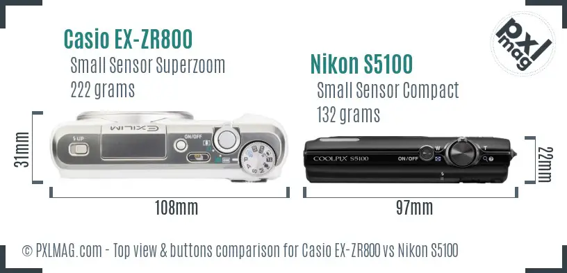 Casio EX-ZR800 vs Nikon S5100 top view buttons comparison Casio EX-ZR800 vs Nikon S5100 top view buttons comparison