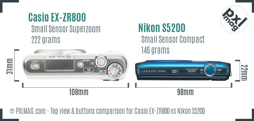 Casio EX-ZR800 vs Nikon S5200 top view buttons comparison