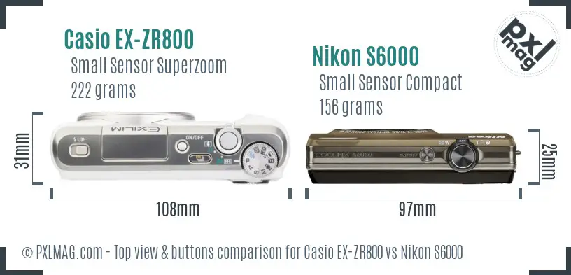 Casio EX-ZR800 vs Nikon S6000 top view buttons comparison Casio EX-ZR800 vs Nikon S6000 top view buttons comparison