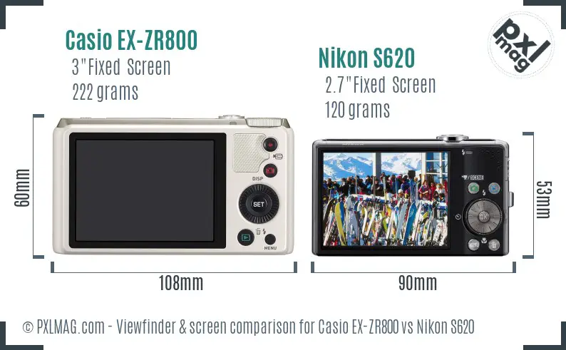 Casio EX-ZR800 vs Nikon S620 Screen and Viewfinder comparison