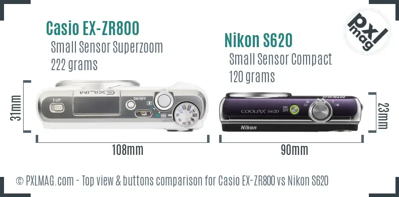 Casio EX-ZR800 vs Nikon S620 top view buttons comparison