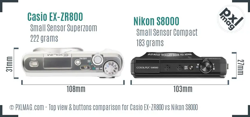 Casio EX-ZR800 vs Nikon S8000 top view buttons comparison