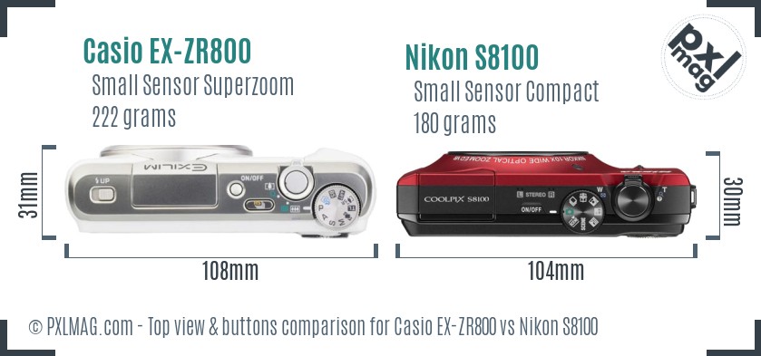 Casio EX-ZR800 vs Nikon S8100 top view buttons comparison