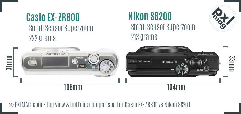Casio EX-ZR800 vs Nikon S8200 top view buttons comparison Casio EX-ZR800 vs Nikon S8200 top view buttons comparison