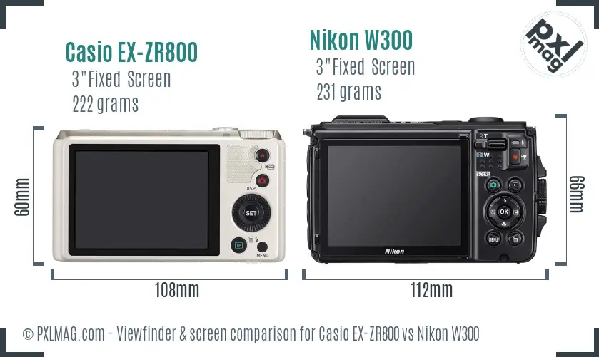 Casio EX-ZR800 vs Nikon W300 Screen and Viewfinder comparison