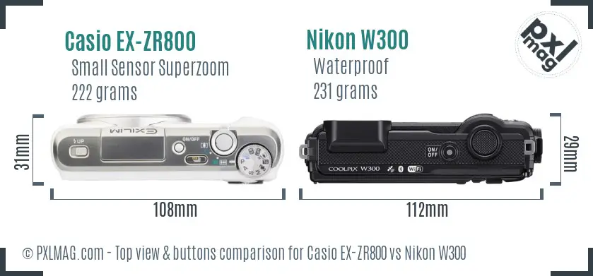 Casio EX-ZR800 vs Nikon W300 top view buttons comparison