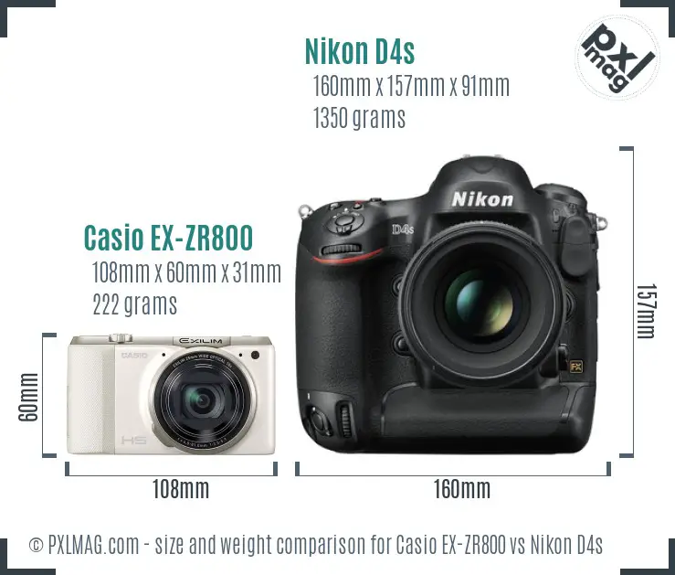 Casio EX-ZR800 vs Nikon D4s size comparison