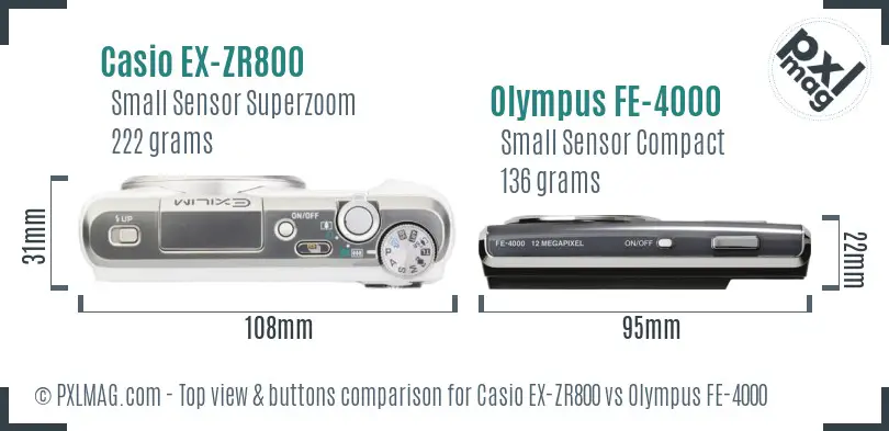 Casio EX-ZR800 vs Olympus FE-4000 top view buttons comparison