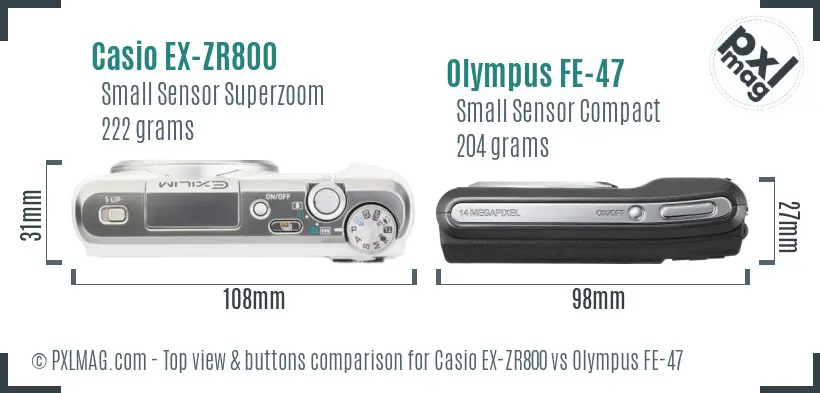 Casio EX-ZR800 vs Olympus FE-47 top view buttons comparison