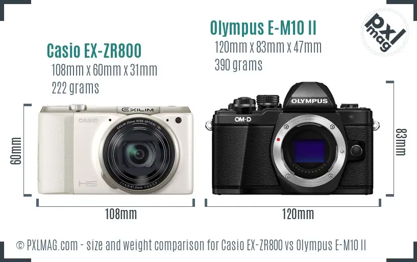 Casio EX-ZR800 vs Olympus E-M10 II size comparison