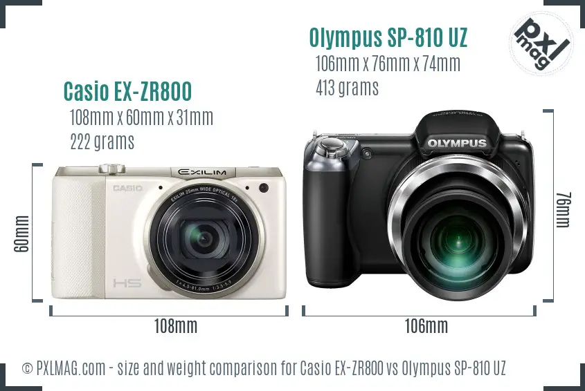 Casio EX-ZR800 vs Olympus SP-810 UZ size comparison Casio EX-ZR800 vs Olympus SP-810 UZ size comparison