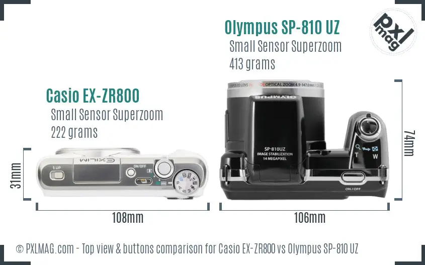 Casio EX-ZR800 vs Olympus SP-810 UZ top view buttons comparison Casio EX-ZR800 vs Olympus SP-810 UZ top view buttons comparison
