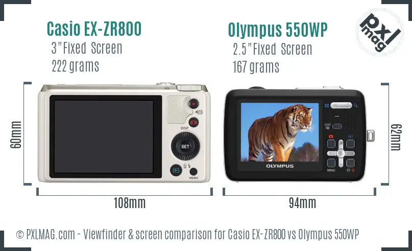 Casio EX-ZR800 vs Olympus 550WP Screen and Viewfinder comparison