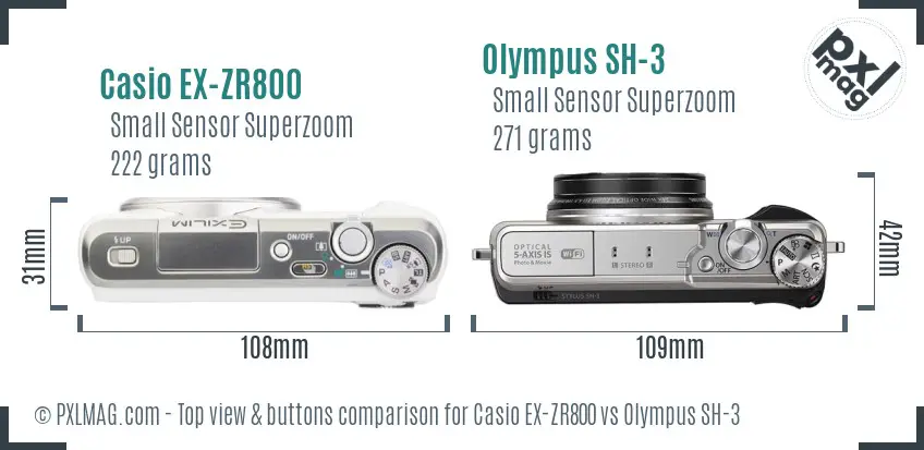 Casio EX-ZR800 vs Olympus SH-3 top view buttons comparison