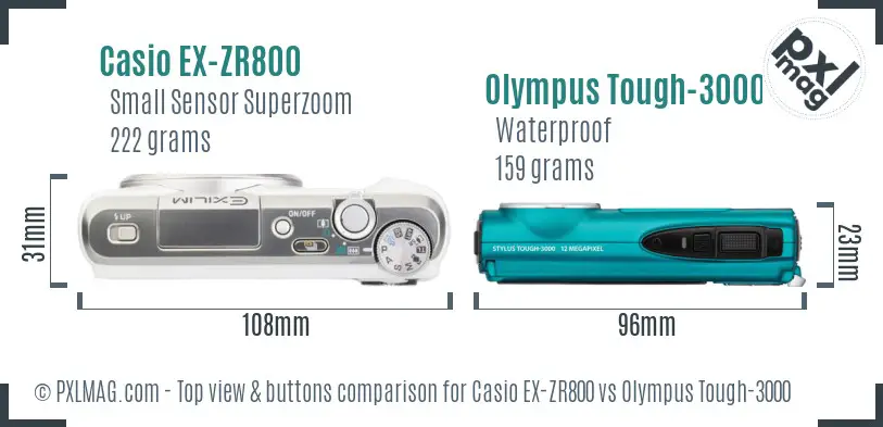 Casio EX-ZR800 vs Olympus Tough-3000 top view buttons comparison