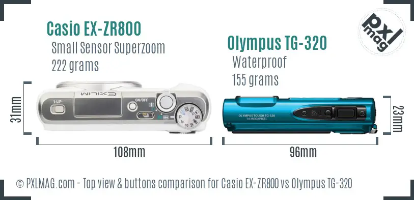 Casio EX-ZR800 vs Olympus TG-320 top view buttons comparison Casio EX-ZR800 vs Olympus TG-320 top view buttons comparison